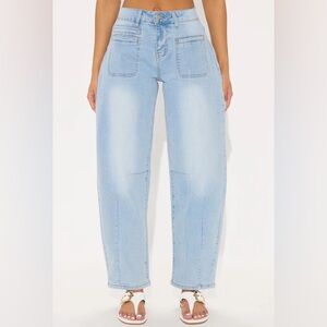 FASHION NOVA Topanga Slim Horseshoe Barrel Leg Jeans Light Blue